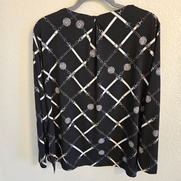 Anne Klein Woman SZ L Bit and Chain Print Knit Blouse Zipper Shoulder Scoop Neck - Picture 2 of 8